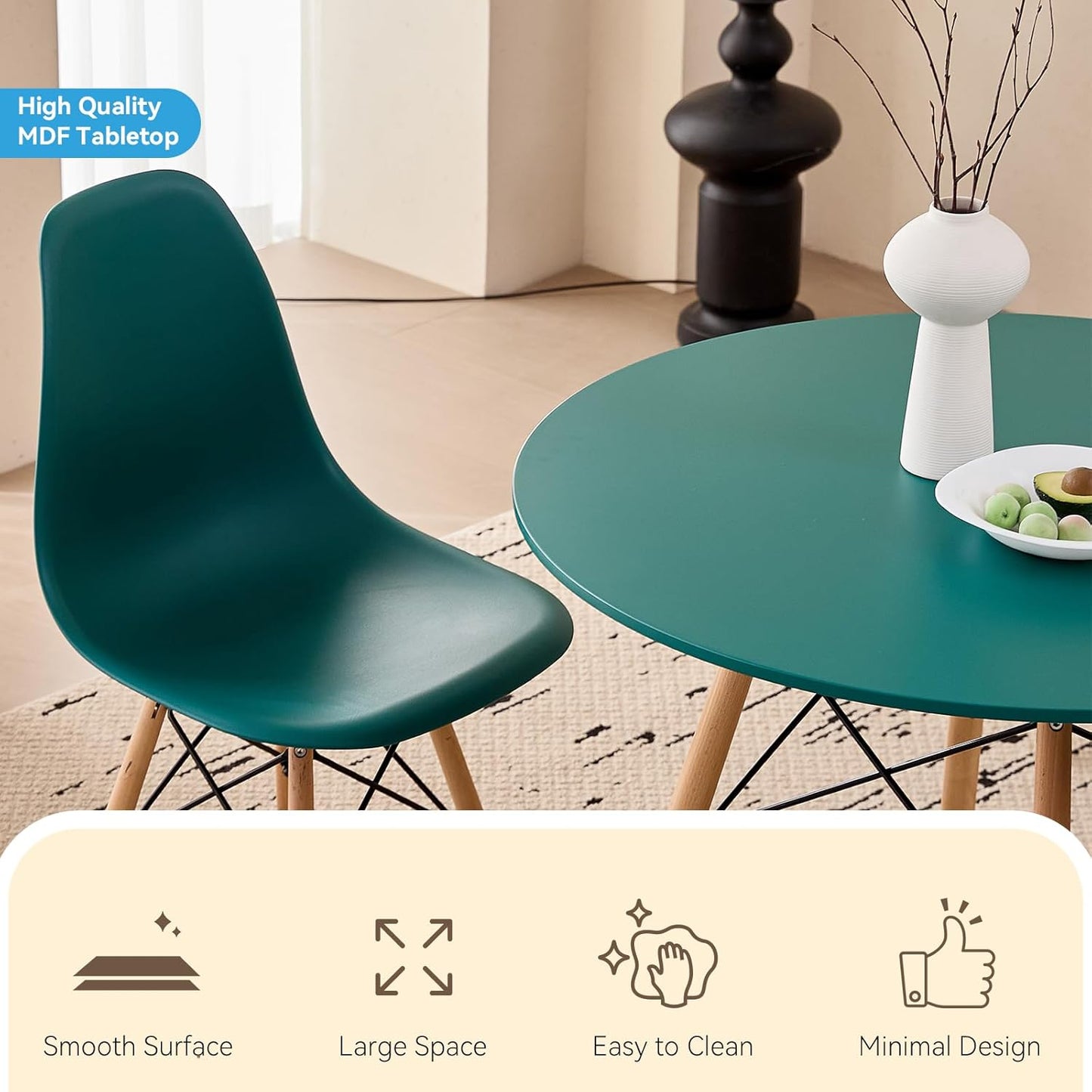 5-Piece round Dining Table Set, Small 31.5" Kitchen Table Chairs Set of 4 Space Saving Furniture, Plastic Seats, Solid Wood Legs, for Living Room Apartment Office Home, Green