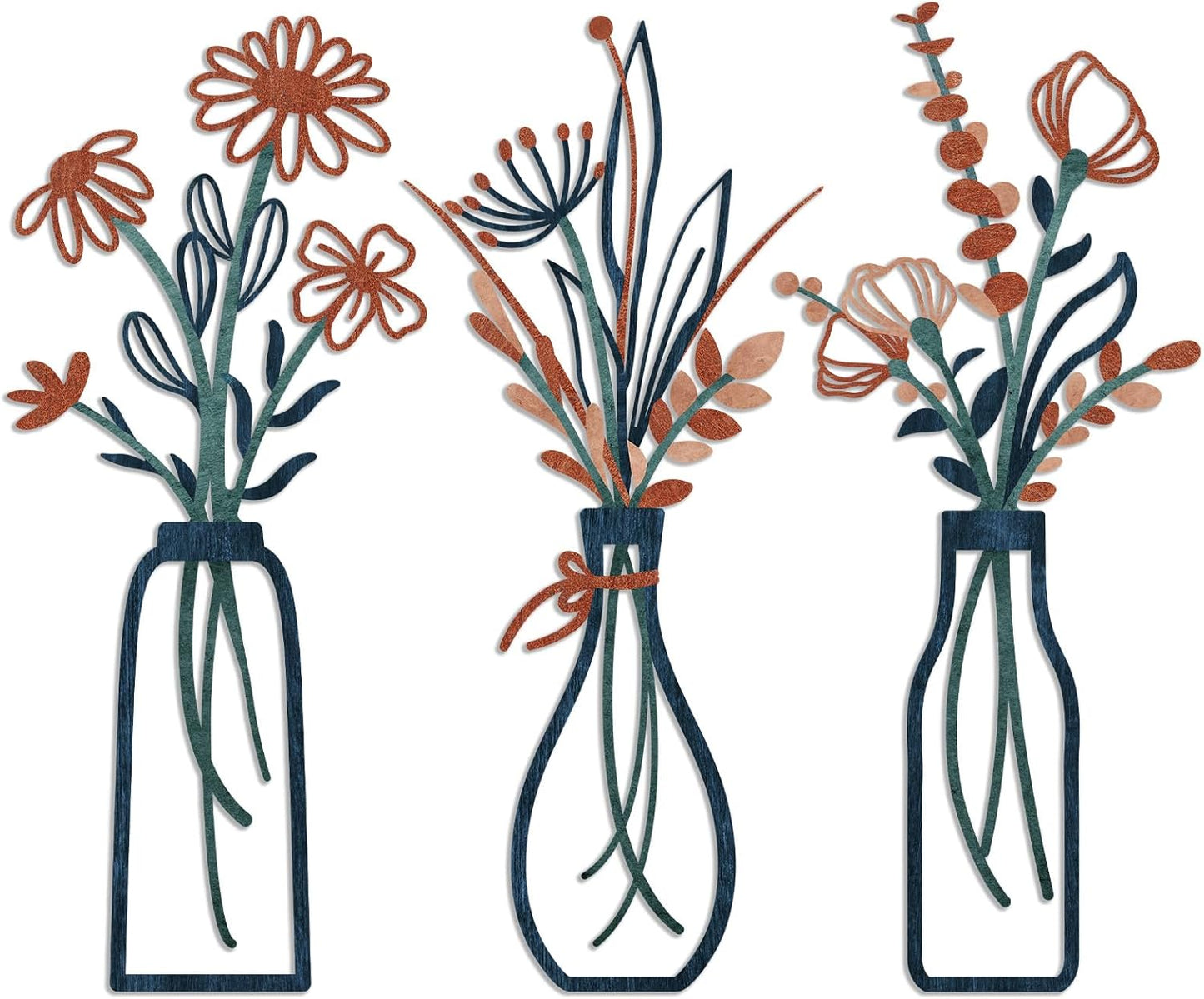 3 Pieces Metal Flowers Wall Arts - Rustic Farmhouse Decor Beige Minimalist Flower Wall Decors for Living Room Bathroom Bedroom Dining Room-Housewarming Gifts (Beige, Vase-C)