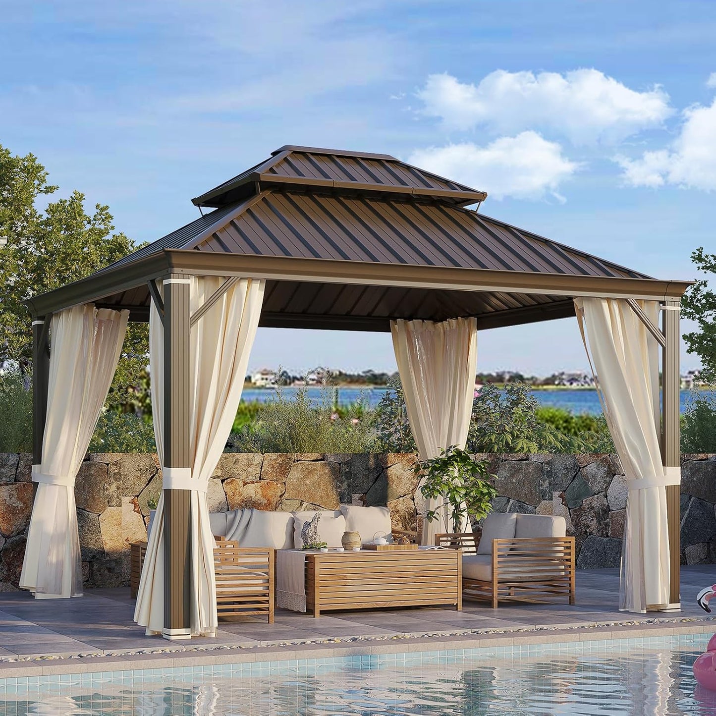 10' X 12' Hardtop Gazebo, Metal Gazebo with Aluminum Frame, Double Galvanized Steel Roof, Curtains and Netting Included, Pergolas for Patios, Garden, Parties, Lawns