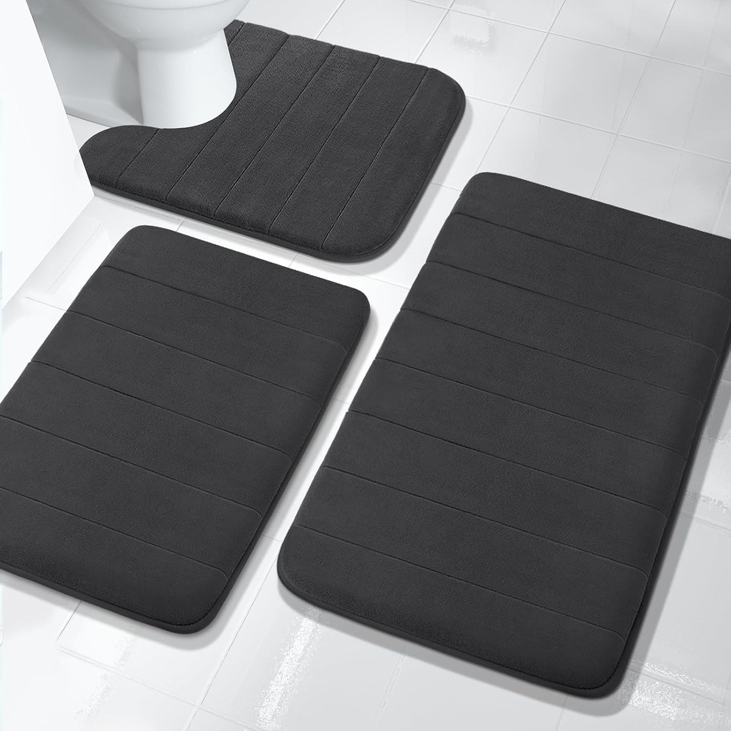 3 Pieces Memory Foam Bath Mat Set with U-Shaped Toilet Rug - Non Slip Super Soft Absorbent Quick Dry Bathroom Rugs for Bathtub, Vanity & Toilet Base, Beige