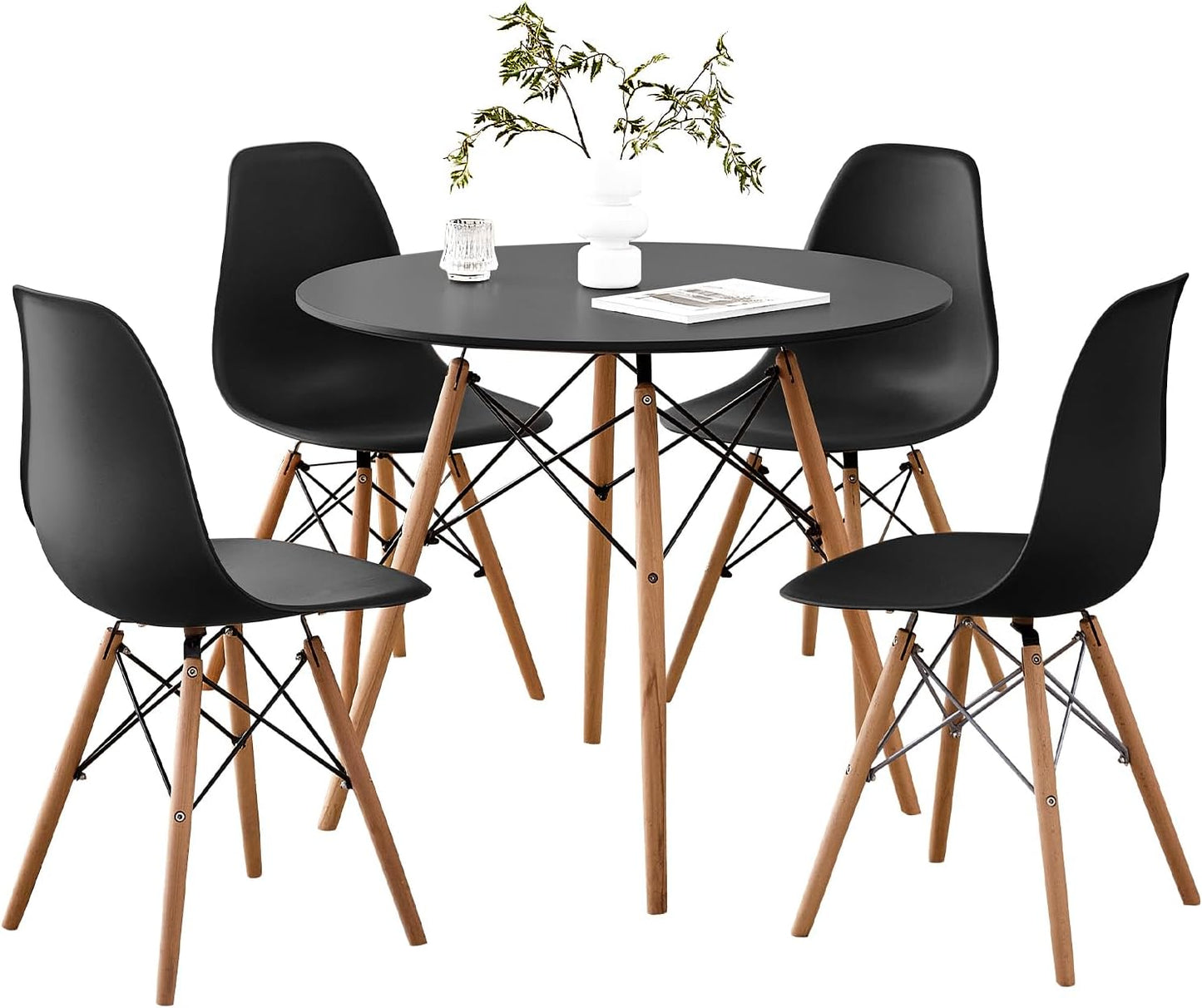 5-Piece round Dining Table Set, Small 31.5" Kitchen Table Chairs Set of 4 Space Saving Furniture, Plastic Seats, Solid Wood Legs, for Living Room Apartment Office Home, Green