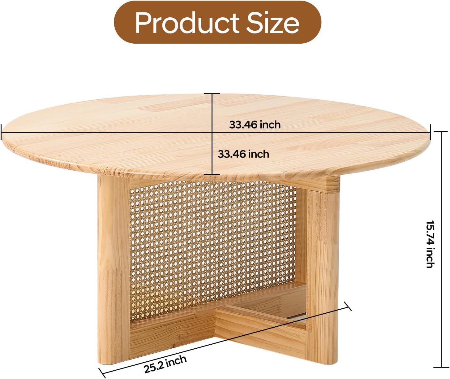 Rattan Coffee Table, 33 Inch Solid Wood Coffe Table with PE Rattan Stand, Unique Modern round Coffee Table for Living Room, Natural