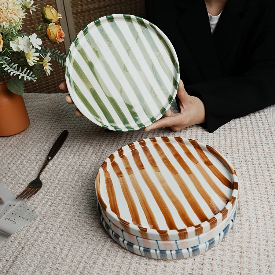 Striped Ceramic Dinner Plate – Modern Round Tableware