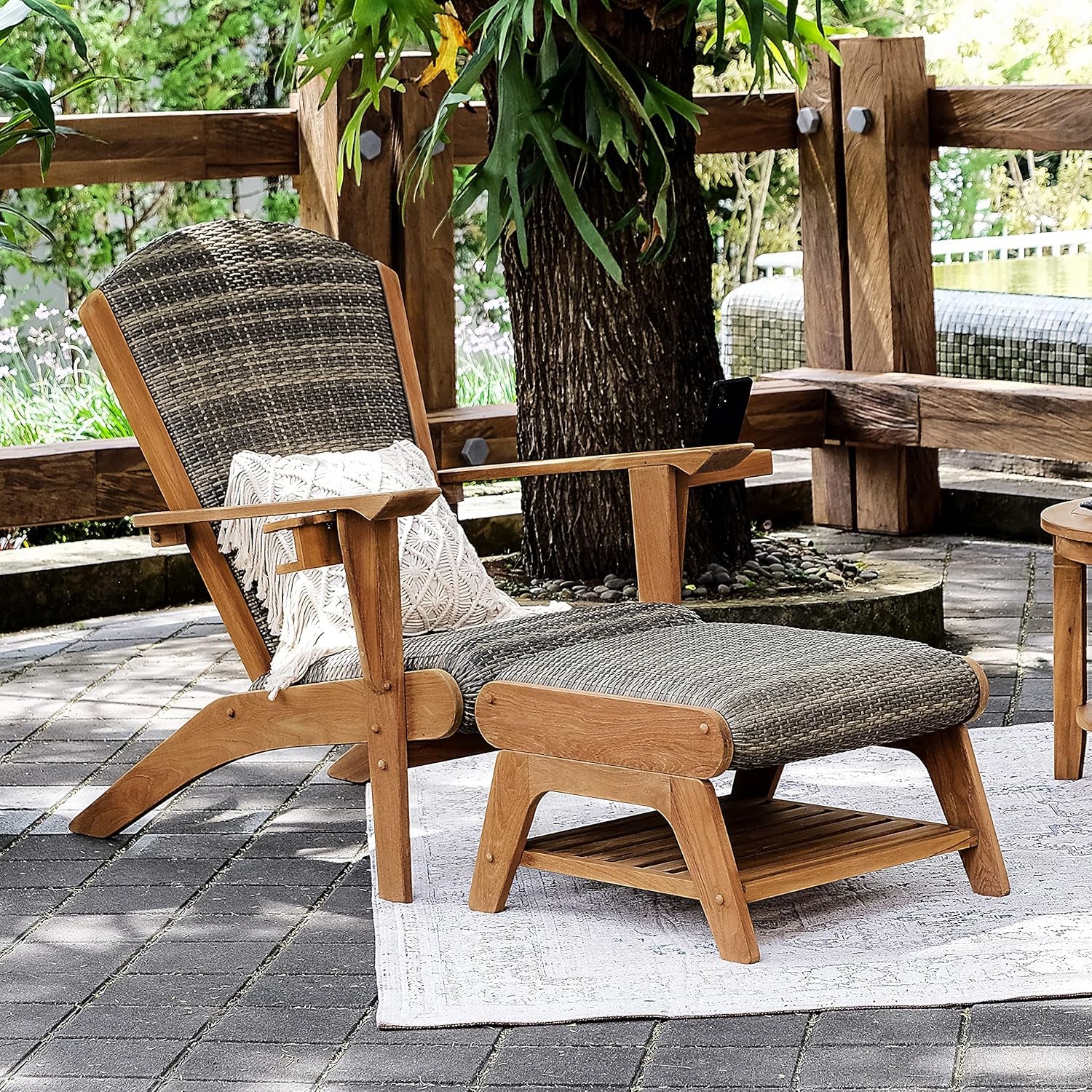 Auburn Padded Upholstered Outdoor Adirondack Chair, Teak Wood and All-Weather Wicker