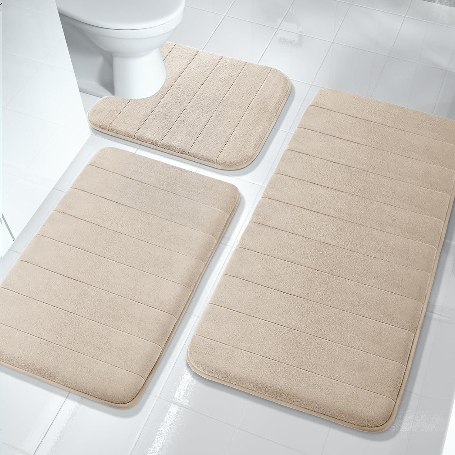 3 Pieces Memory Foam Bath Mat Set with U-Shaped Toilet Rug - Non Slip Super Soft Absorbent Quick Dry Bathroom Rugs for Bathtub, Vanity & Toilet Base, Beige