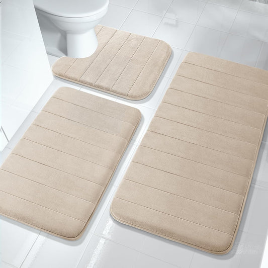 3 Pieces Memory Foam Bath Mat Set with U-Shaped Toilet Rug - Non Slip Super Soft Absorbent Quick Dry Bathroom Rugs for Bathtub, Vanity & Toilet Base, Beige