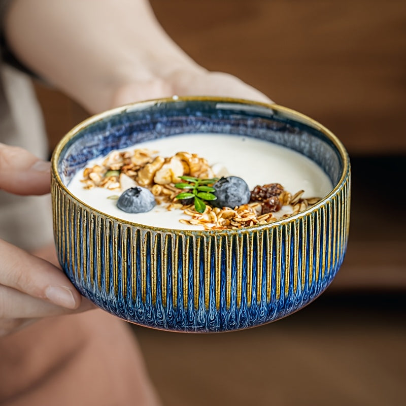 4pcs Retro Vertical Stripe Ceramic Rice Bowls, 4.5” Microwave-Safe Soup & Snack Bowls