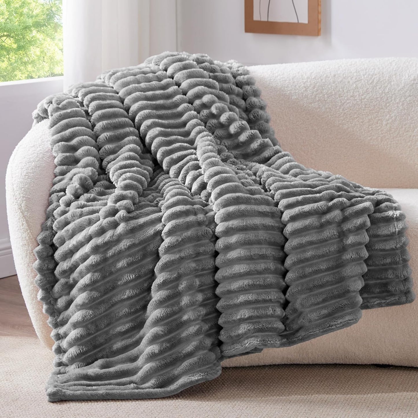 Fleece Throw Blanket for Couch - 300GSM Soft & Warm Fluffy Cream White Blanket, Decorative and Giftable Striped Blankets for Women, Men, 50"X60"