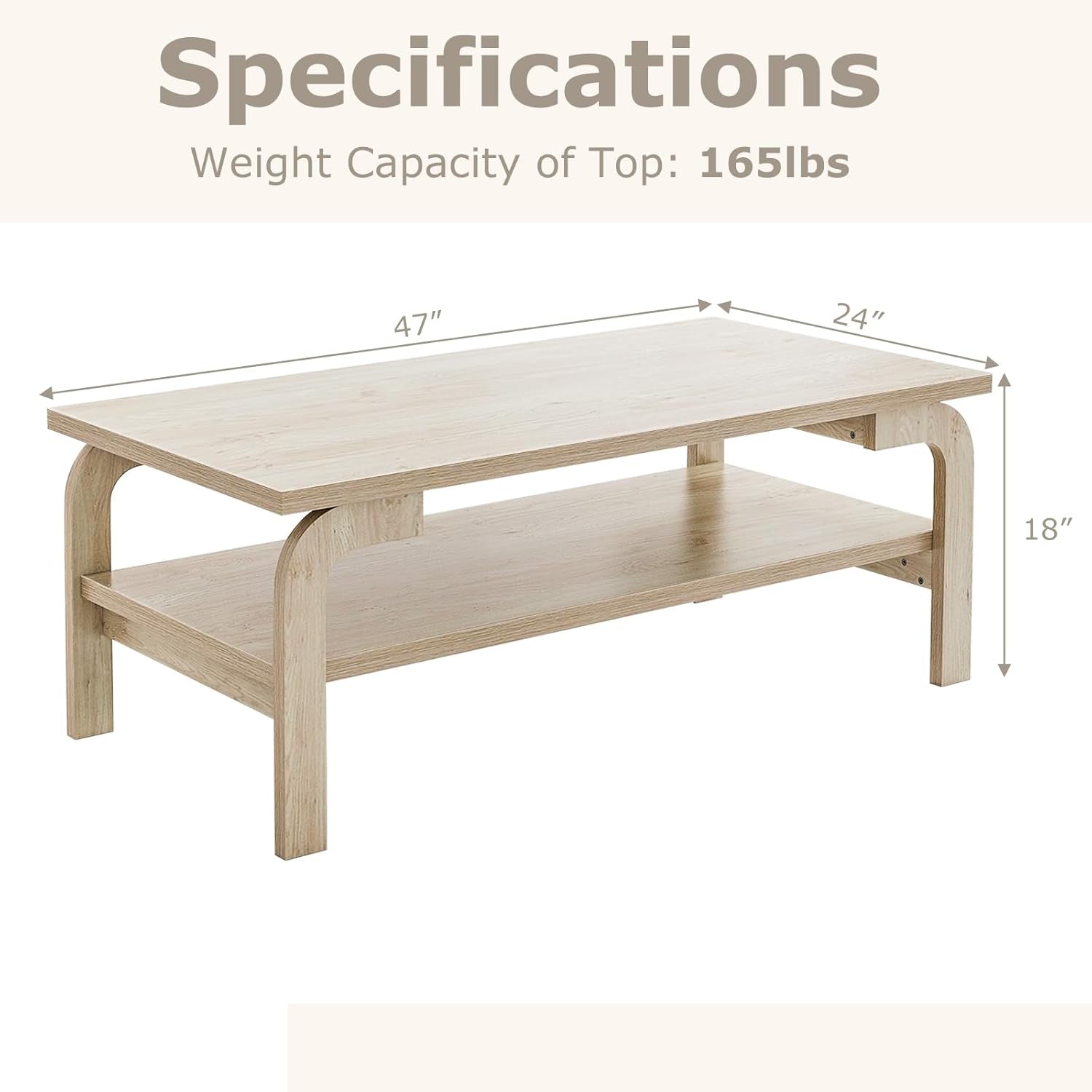 2-Tier Coffee Table with Storage, 47” Mid Century Rectangle Accent Table with Open Shelf, Large Tabletop & Curved Legs, Rustic Style Wood Cocktail, Center Table for Living Room, Natural