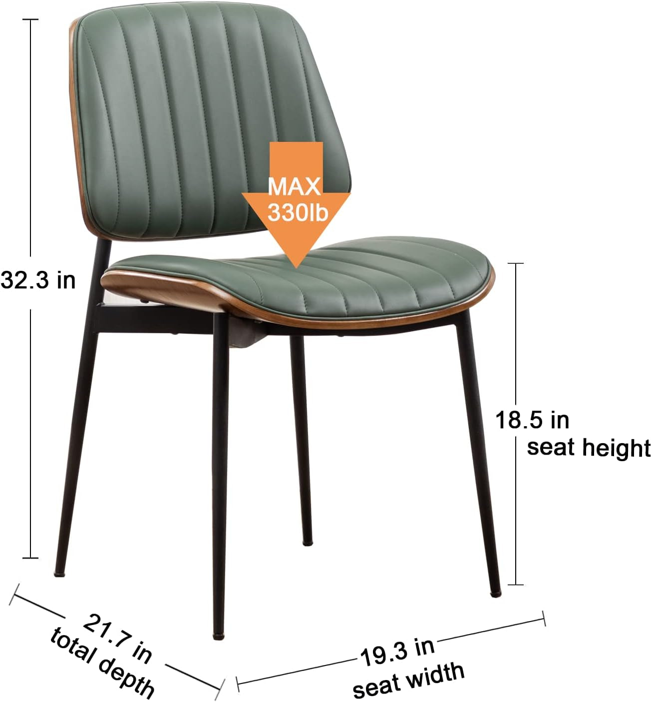 Dining Chairs Set of 2 Mid Century Modern Retro Faux Leather Chair with Walnut Bentwood Upholstered Seat Metal Legs Chairs,Adjustable Foot for Kitchen Dining Room Chairs(Green)