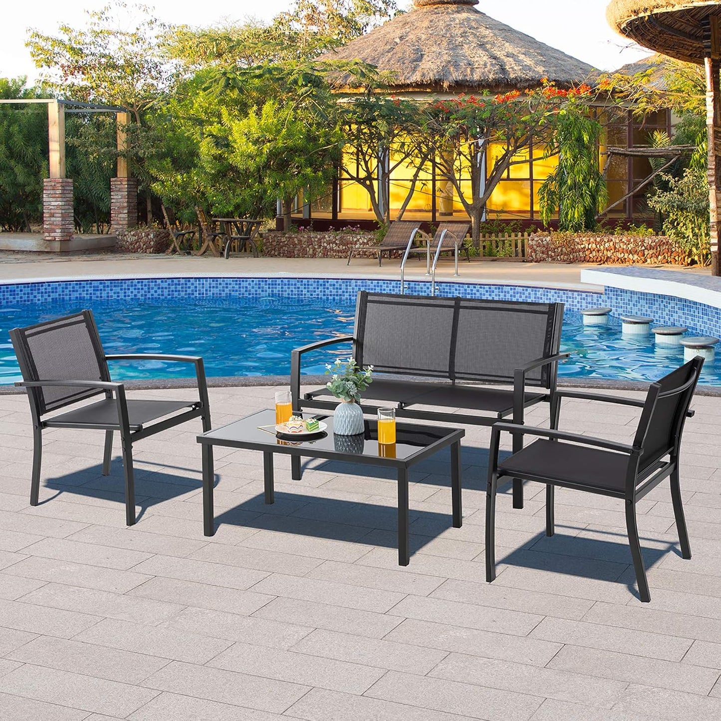 4 Pieces Patio Furniture Sets,Outdoor Patio Conversation Sets with Glass Coffee Table, Small Porch Balcony Furniture, Patio Table and Chairs Set for Garden, Backyard (Black)