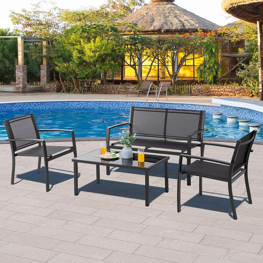 4 Pieces Patio Furniture Sets,Outdoor Patio Conversation Sets with Glass Coffee Table, Small Porch Balcony Furniture, Patio Table and Chairs Set for Garden, Backyard (Black)