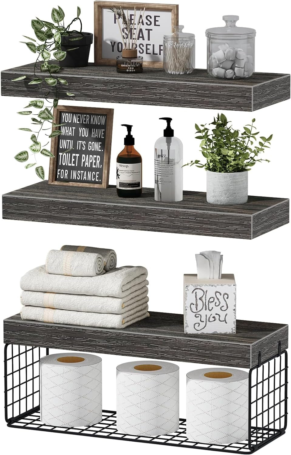 Bathroom Shelves over Toilet - Wall Mounted Floating Shelves Toilet Paper Storage Small Farmhouse Decor Shelf 16 Inch Set of 2, Rustic Brown (019-BN2)