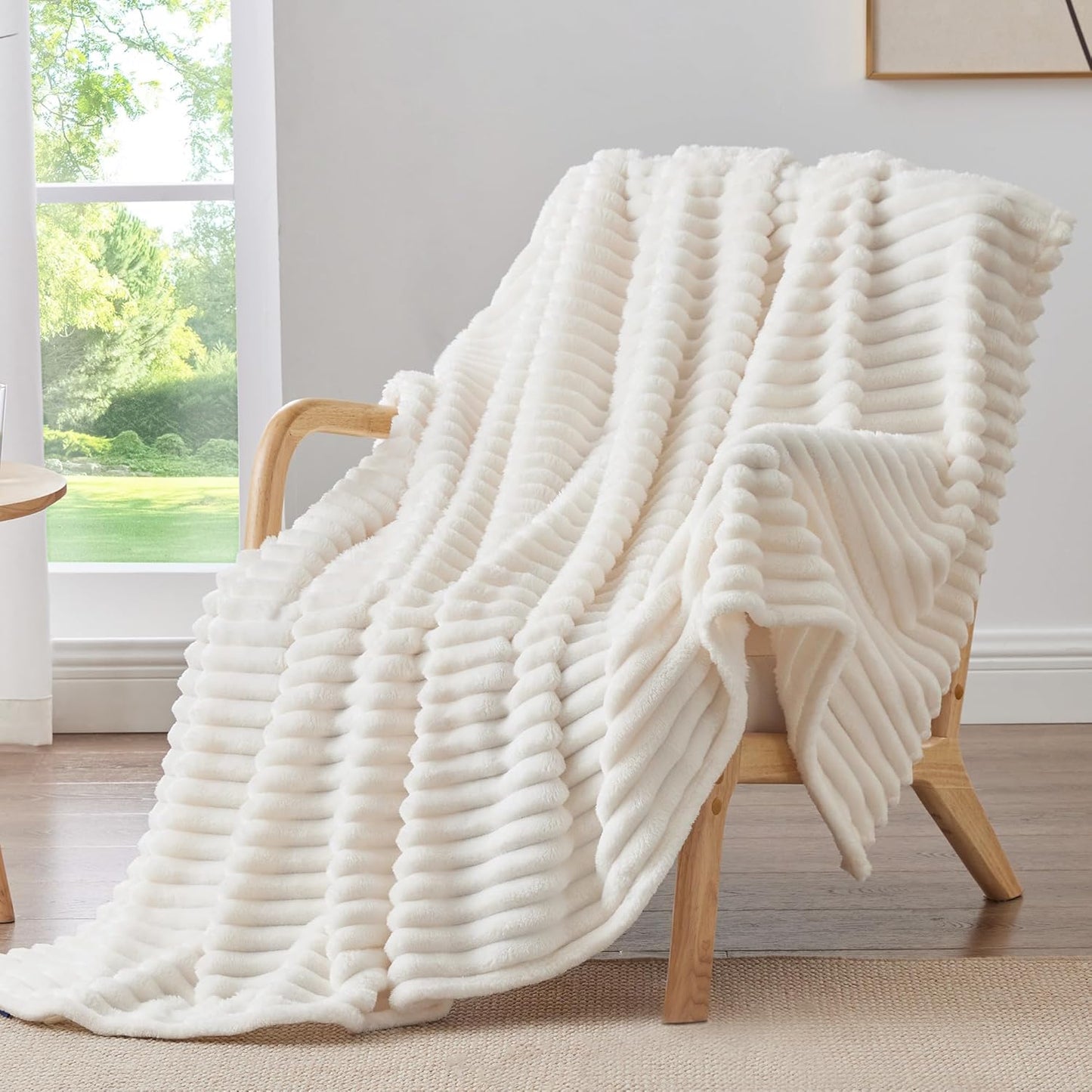 Fleece Throw Blanket for Couch - 300GSM Soft & Warm Fluffy Cream White Blanket, Decorative and Giftable Striped Blankets for Women, Men, 50"X60"