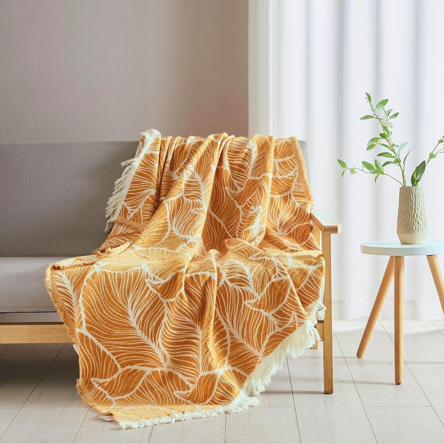 Boho Throw Blanket for Couch, Chenille Cotton Lightweight Summer Throw Blanket for Bed Sofa Chair Living Room Outdoor Soft Woven Decorative Blanket with Tassel Gift Orange Leaves 55"X60"