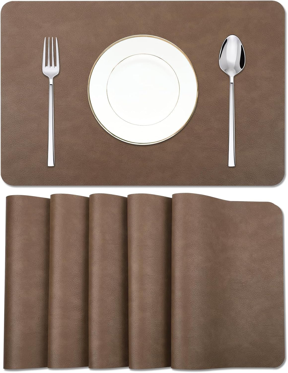Cowhide Pattern Faux Leather Placemats Set of 6,Heat Resistant Non-Slip Waterproof Wipeable Washable Kitchen Dining PU Table Place Mats,Double-Sides Available,Dark Coffee