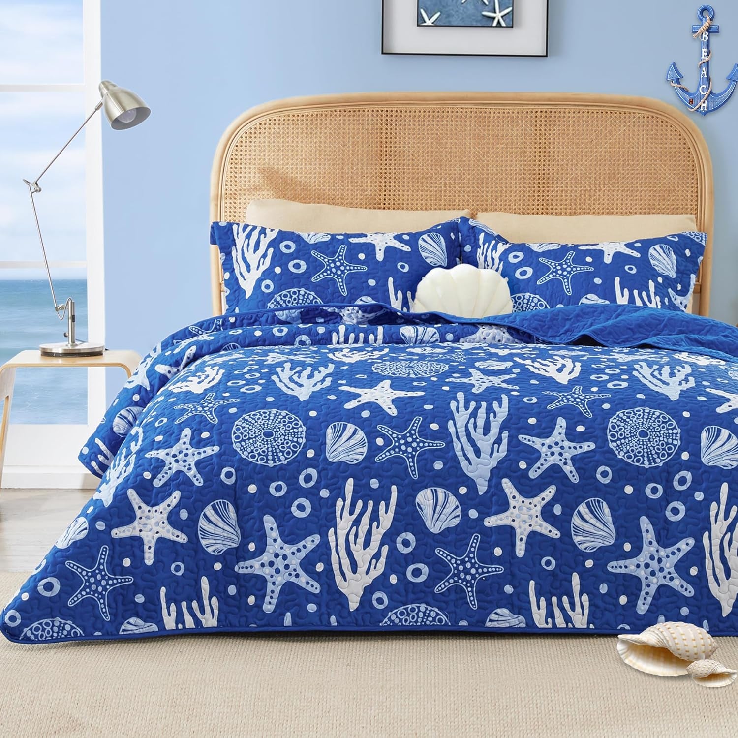 Twin Quilt Bedding Set Coastal White Bedspreads - Soft Bed Summer Beach Nautical Quilt Lightweight Bedspread- Reversible Bedding Coverlet for All Season - 2 Piece (1 Quilt, 1 Pillow Sham)