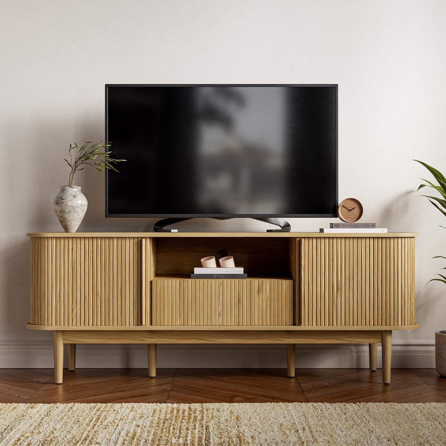 Modern TV Stand for 45/55/70 Inch TV, Entertainment Center with Sliding Doors and Storage, Wood TV Stand for Bedroom, Living Room, Natural