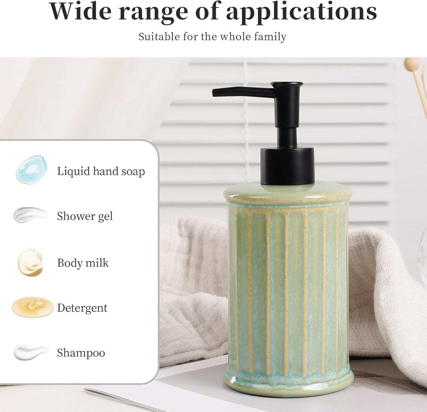 Soap Dispenser, Ceramic Liquid Dish Soap Dispenser 11.84OZ, Hand Soap Dispenser for Kitchen Bathroom, Refillable Shower Soap Dispenser, Light Green,