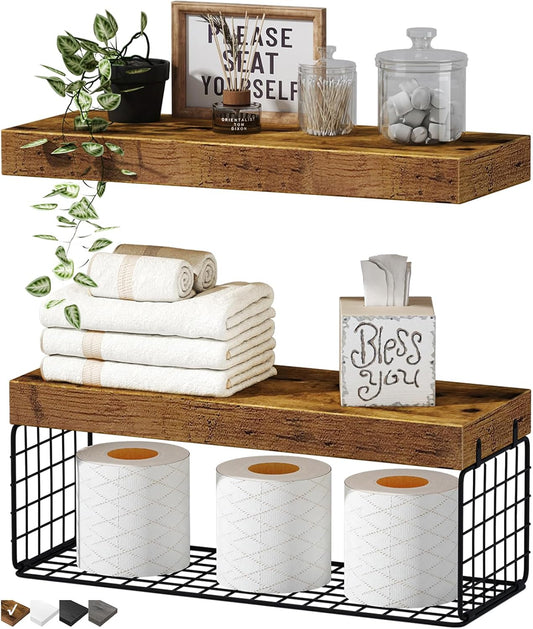Bathroom Shelves over Toilet - Wall Mounted Floating Shelves Toilet Paper Storage Small Farmhouse Decor Shelf 16 Inch Set of 2, Rustic Brown (019-BN2)