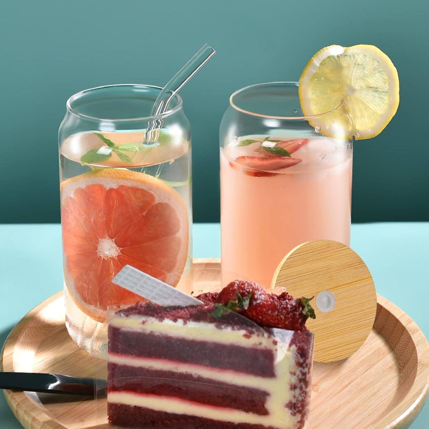 Drinking Glasses with Bamboo Lids and Glass Straw 2PCS Set, 16Oz Glass Cups with Lids and Straws, Beer, Iced Coffee Glasses, Soda, Gift 1 Cleaning Brushes