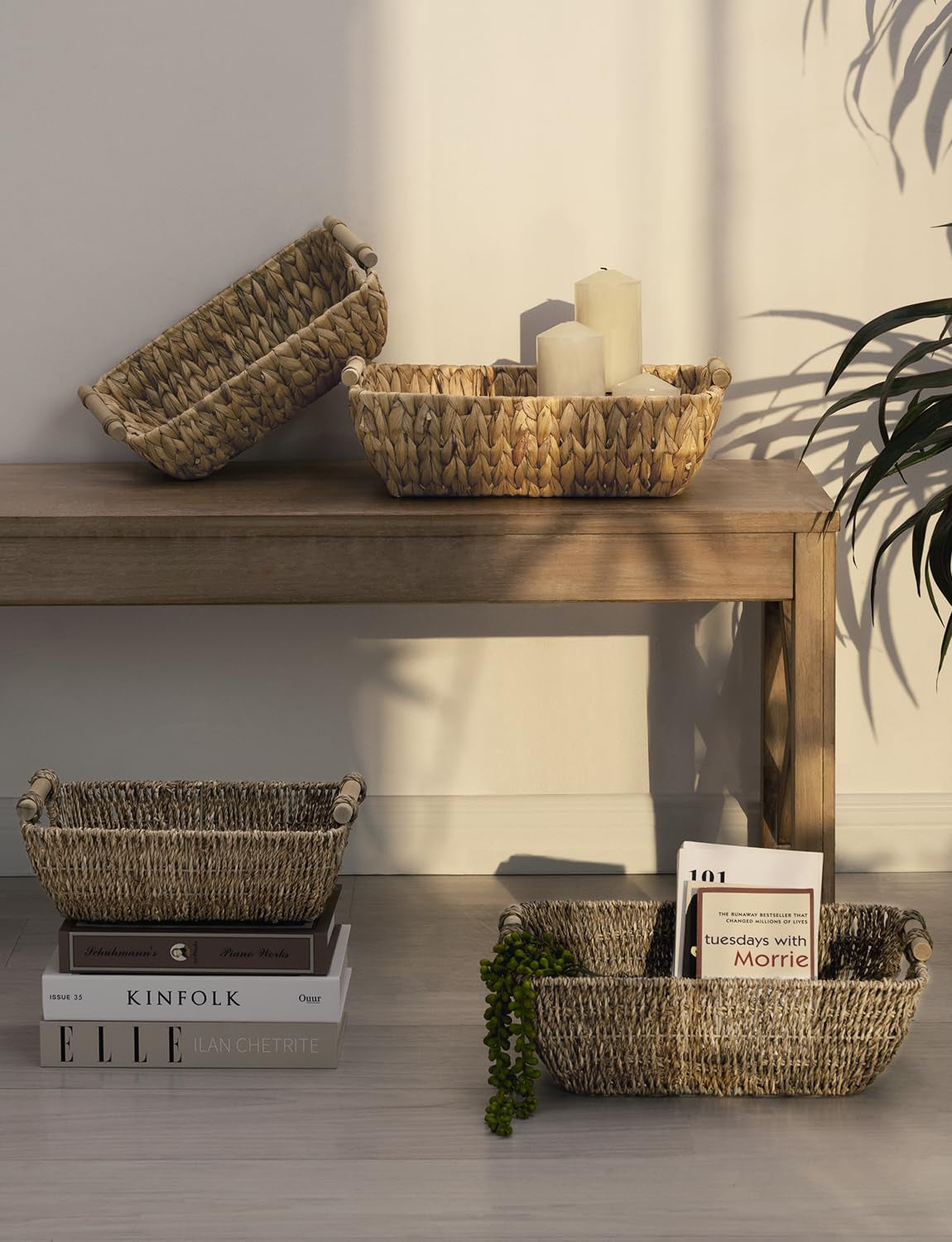 Hand-Woven Large Storage Baskets with Wooden Handles, Water Hyacinth Wicker Baskets for Organizing, 2-Pack