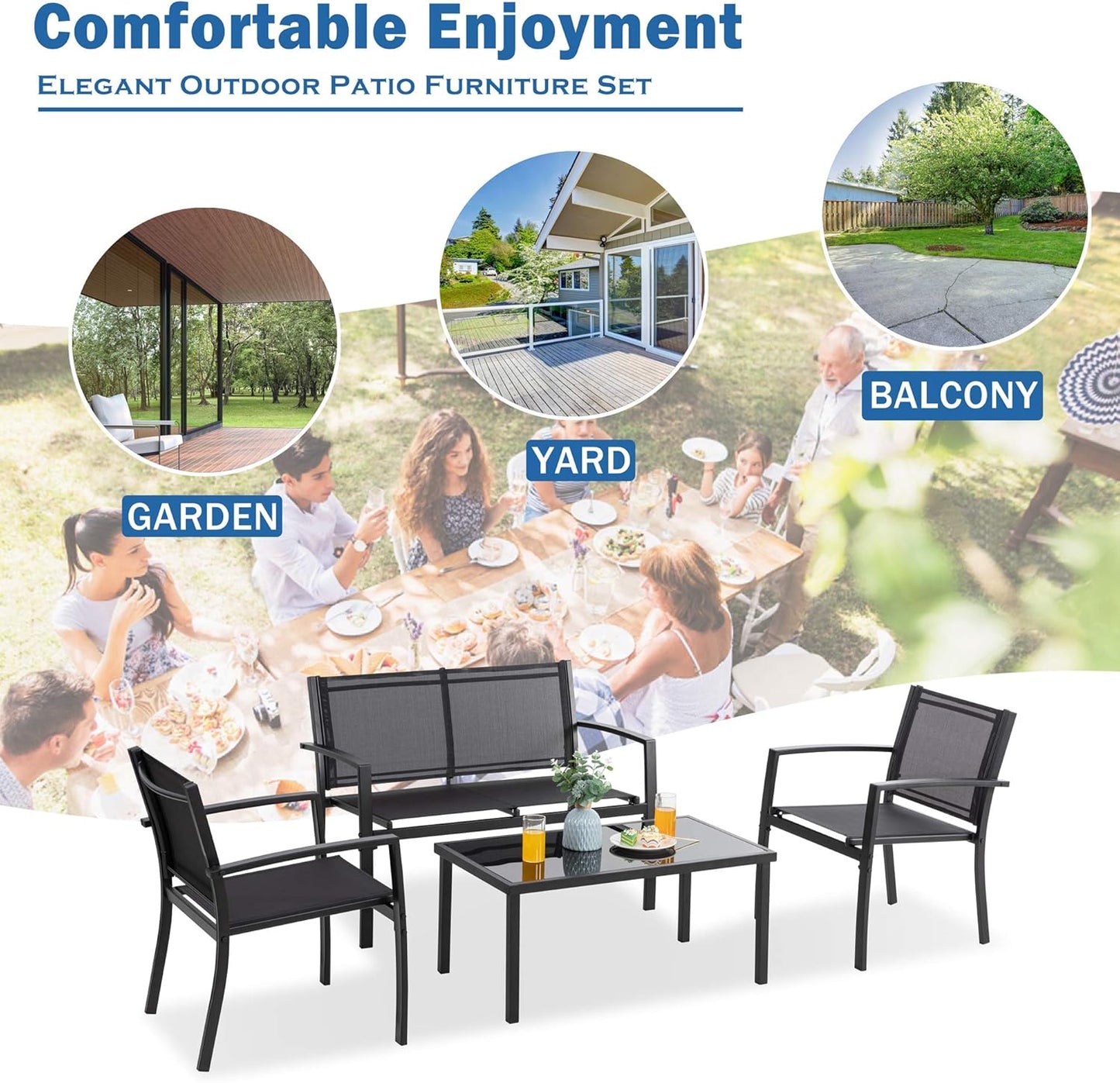 4 Pieces Patio Furniture Sets,Outdoor Patio Conversation Sets with Glass Coffee Table, Small Porch Balcony Furniture, Patio Table and Chairs Set for Garden, Backyard (Black)