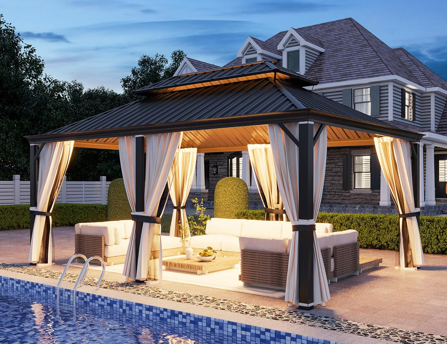 10' X 12' Hardtop Gazebo, Metal Gazebo with Aluminum Frame, Double Galvanized Steel Roof, Curtains and Netting Included, Pergolas for Patios, Garden, Parties, Lawns