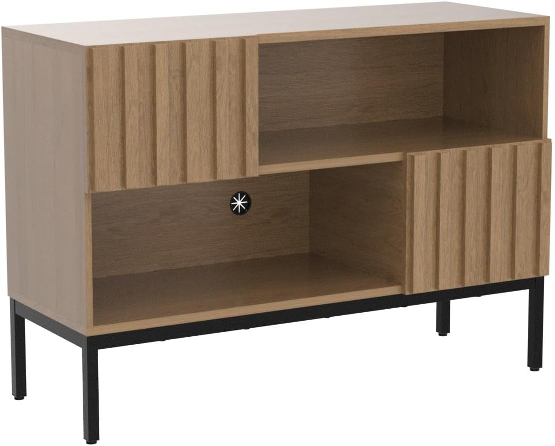 Norwin Storage Cabinet, Modern Rustic Industrial Buffet Sideboard, Accent Console Credenza, Fluted Panel Doors, Adjustable Shelves, Sturdy Metal Legs with Leveler (Oak Fluted Entryway, Single)