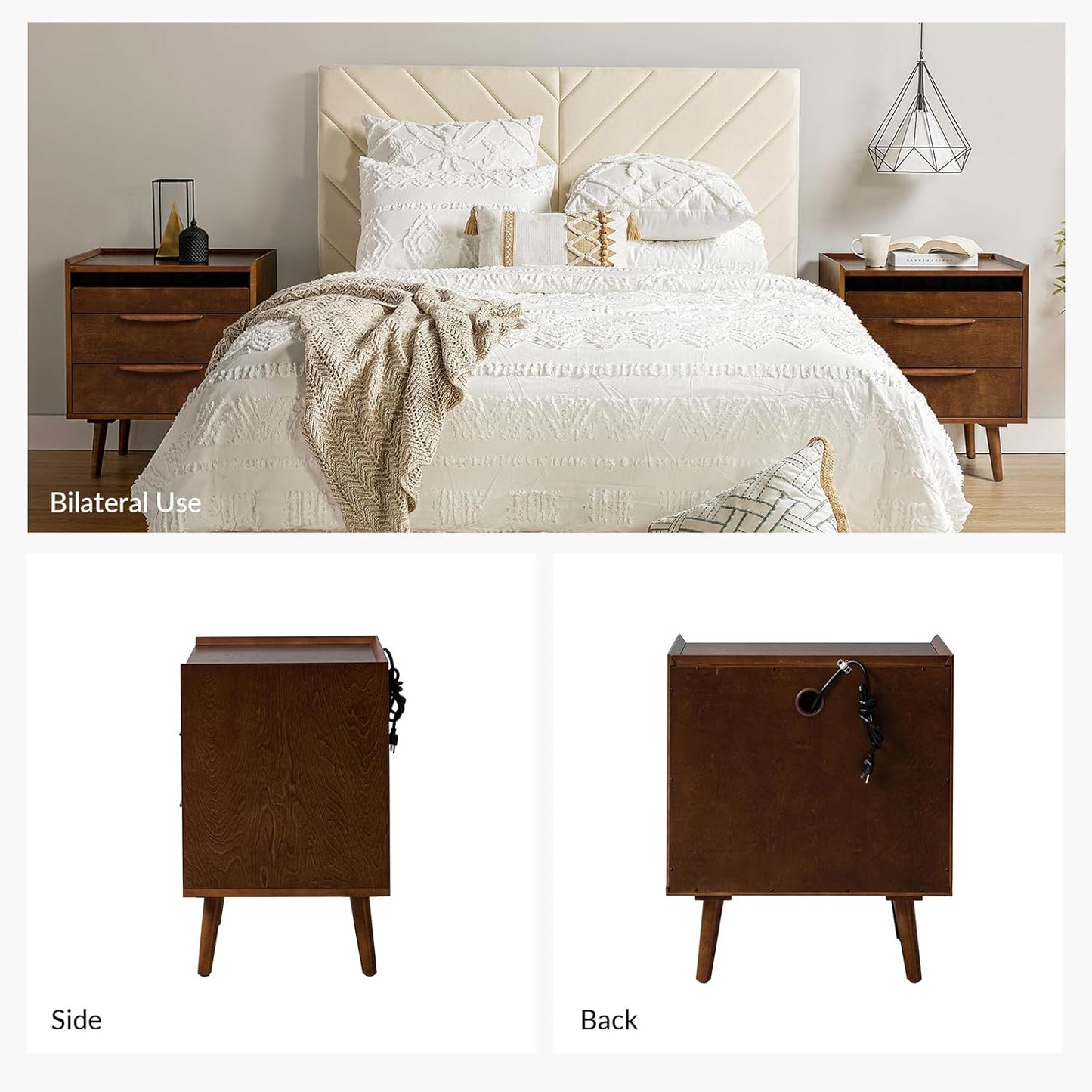 2 Drawer Nightstand with Charging Station, Mid-Century Modern Bedside Tables with Wood Legs, Wood Night Stand with Pull-Out Shelf, Walnut