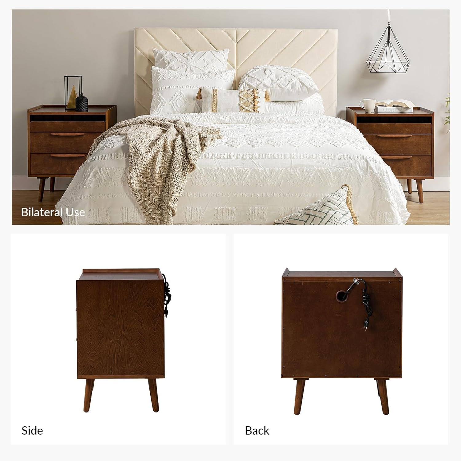 2 Drawer Nightstand with Charging Station, Mid-Century Modern Bedside Tables with Wood Legs, Wood Night Stand with Pull-Out Shelf, Walnut