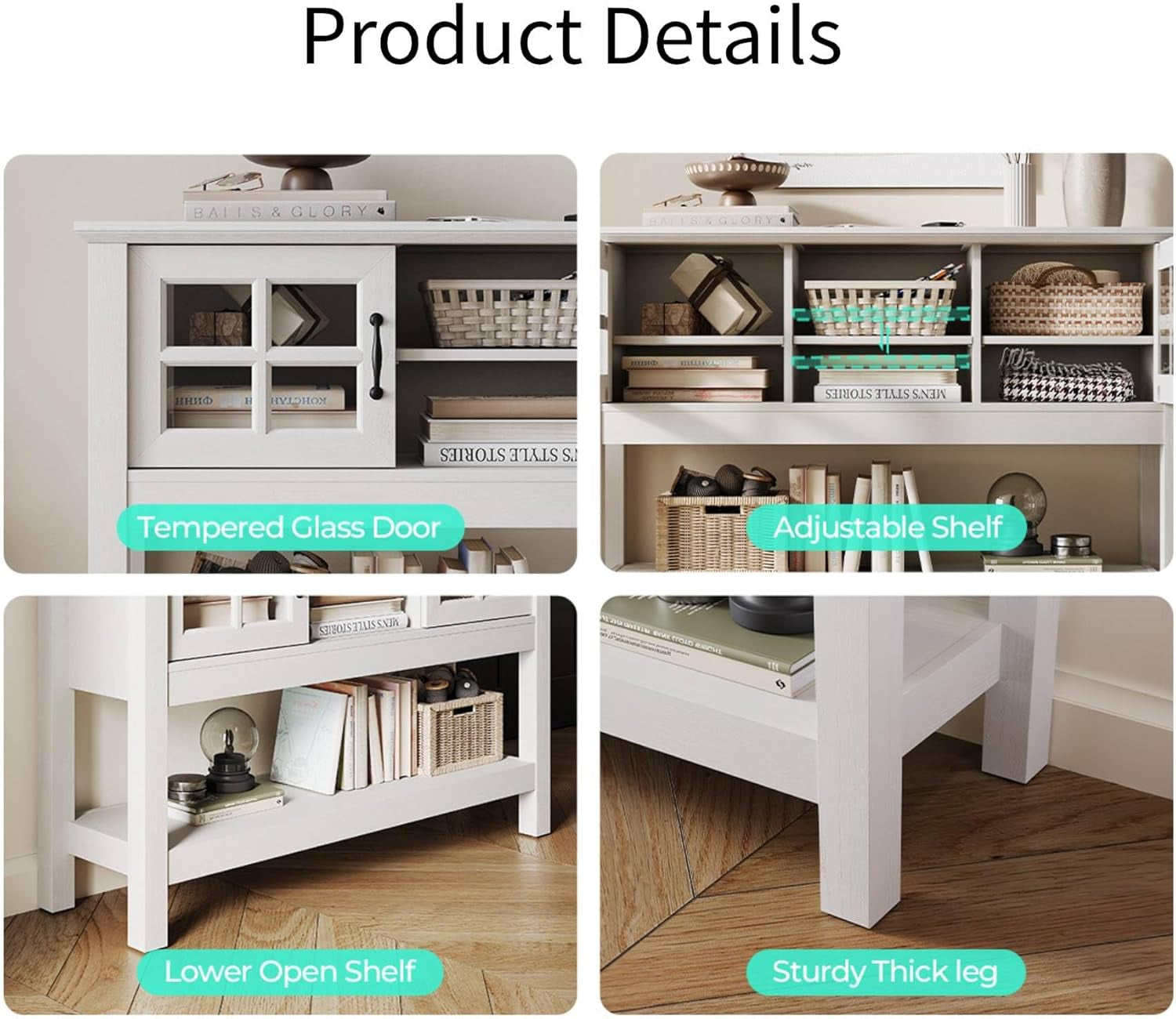 46“ Console Table with Sliding Glass Doors, Coffee Bar, Modern Entryway Table with Storage Shelf, Sofa Table behind Couch, Buffet Sideboard for Kitchen, Hallway, Living Room, White