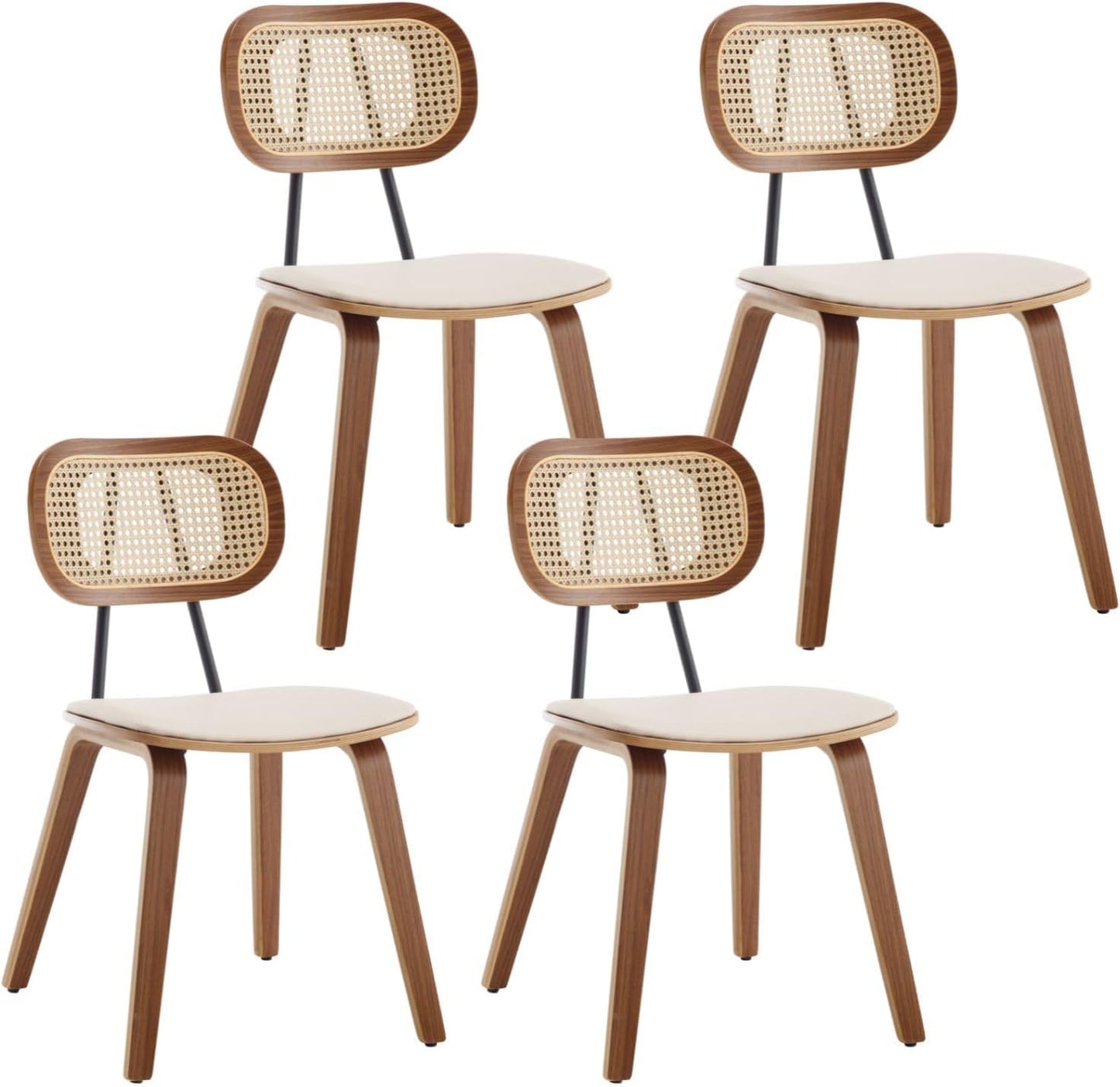 Dining Chairs Set of 2, Upholstered Faux Leather Rattan Dining Chairs with Backrest and Metal Legs, Armless Kitchen Rattan Chairs for Dining Room, White