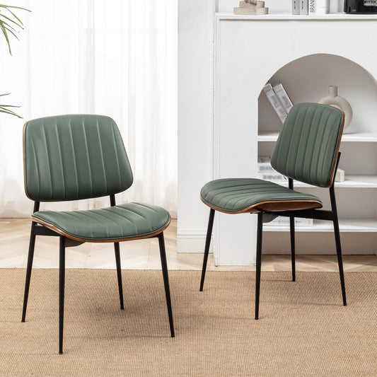 Dining Chairs Set of 2 Mid Century Modern Retro Faux Leather Chair with Walnut Bentwood Upholstered Seat Metal Legs Chairs,Adjustable Foot for Kitchen Dining Room Chairs(Green)