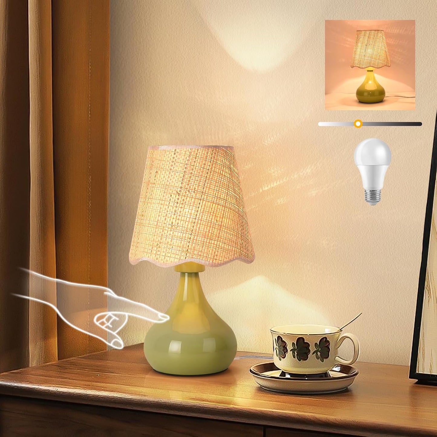 Rattan Small Bedside Table Lamp for Bedroom, Boho Mini Table Lamps for Nightstand, Farmhouse Small Table Lamps for Small Spaces for Kitchen Counter, Bookshelf, Bedroom, Kids Dorm