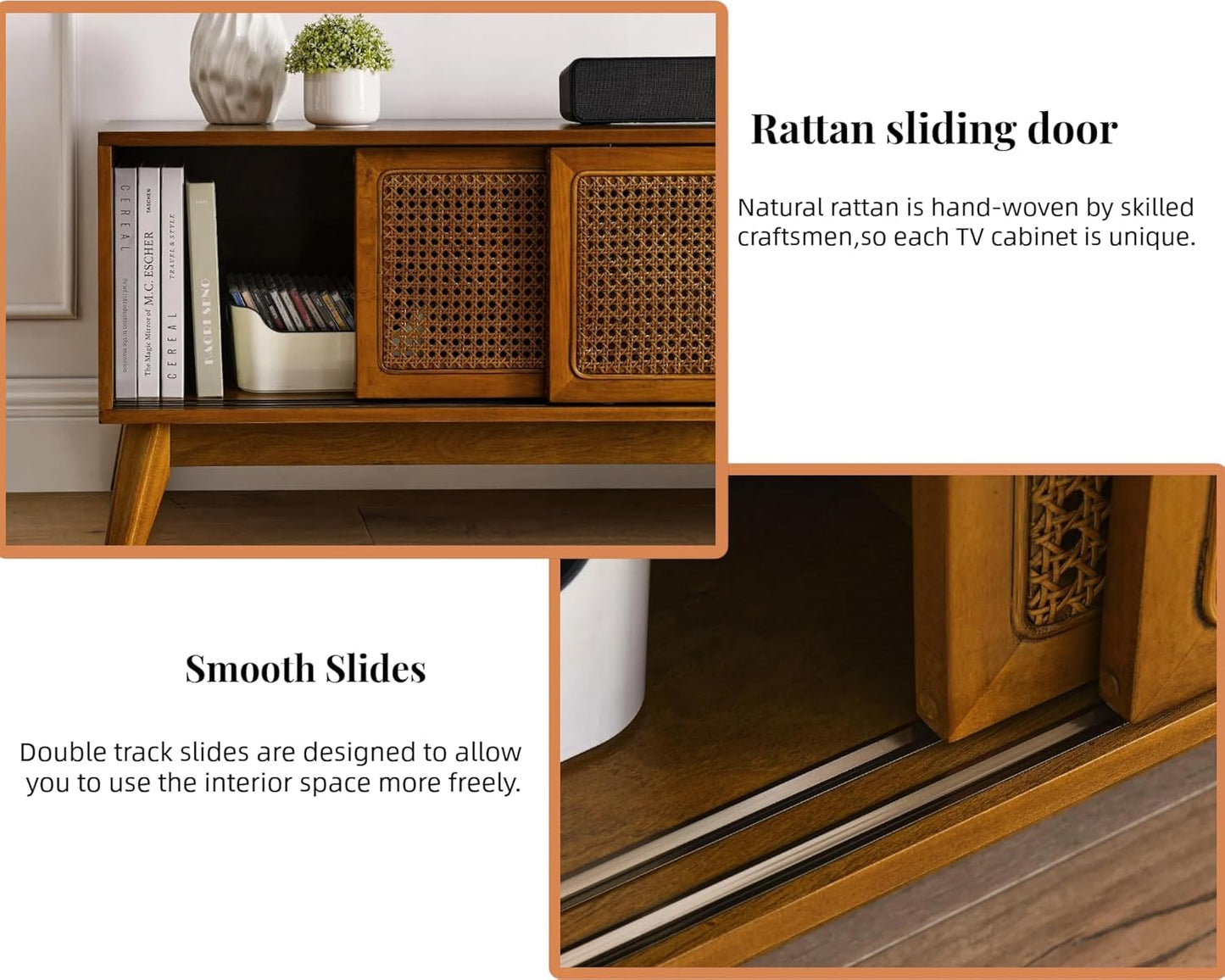 59 Inch Mid Century Modern TV Stand with Rattan Doors, Entertainment Center Media Console for 55/60/65 Inch TV, Boho/Mcm Television Stand for Living Room/Bedroom, Light Wood