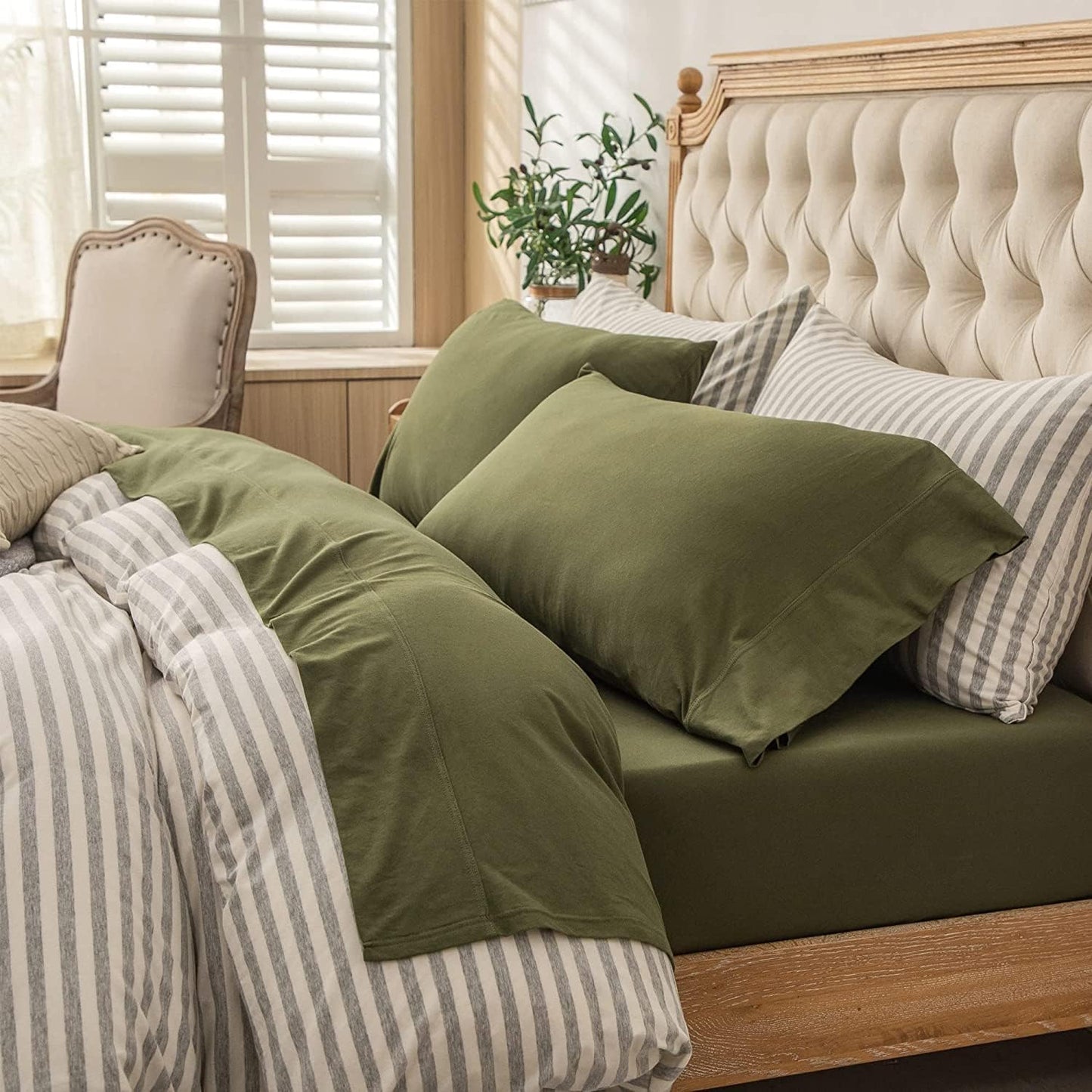 Jersey Knit 4Pc Bed Sheet Set 100% T-Shirt Heather Cotton Super Soft Comfy Breathable Fits Mattress up to 20" Extra Deep Pocket(Olive Green, King)