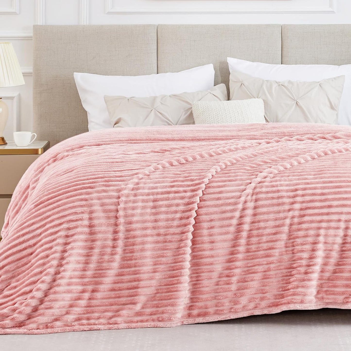 Fleece Throw Blanket for Couch - 300GSM Soft & Warm Fluffy Cream White Blanket, Decorative and Giftable Striped Blankets for Women, Men, 50"X60"