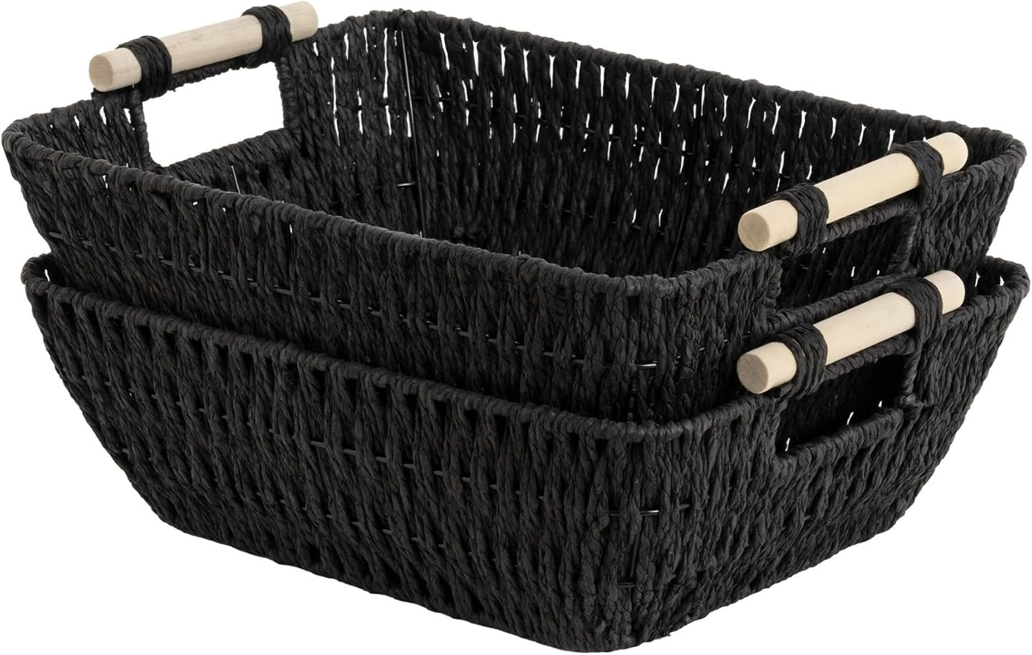Hand-Woven Large Storage Baskets with Wooden Handles, Water Hyacinth Wicker Baskets for Organizing, 2-Pack