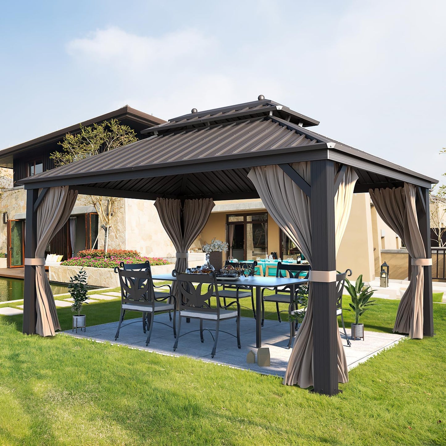 10' X 12' Hardtop Gazebo, Metal Gazebo with Aluminum Frame, Double Galvanized Steel Roof, Curtains and Netting Included, Pergolas for Patios, Garden, Parties, Lawns
