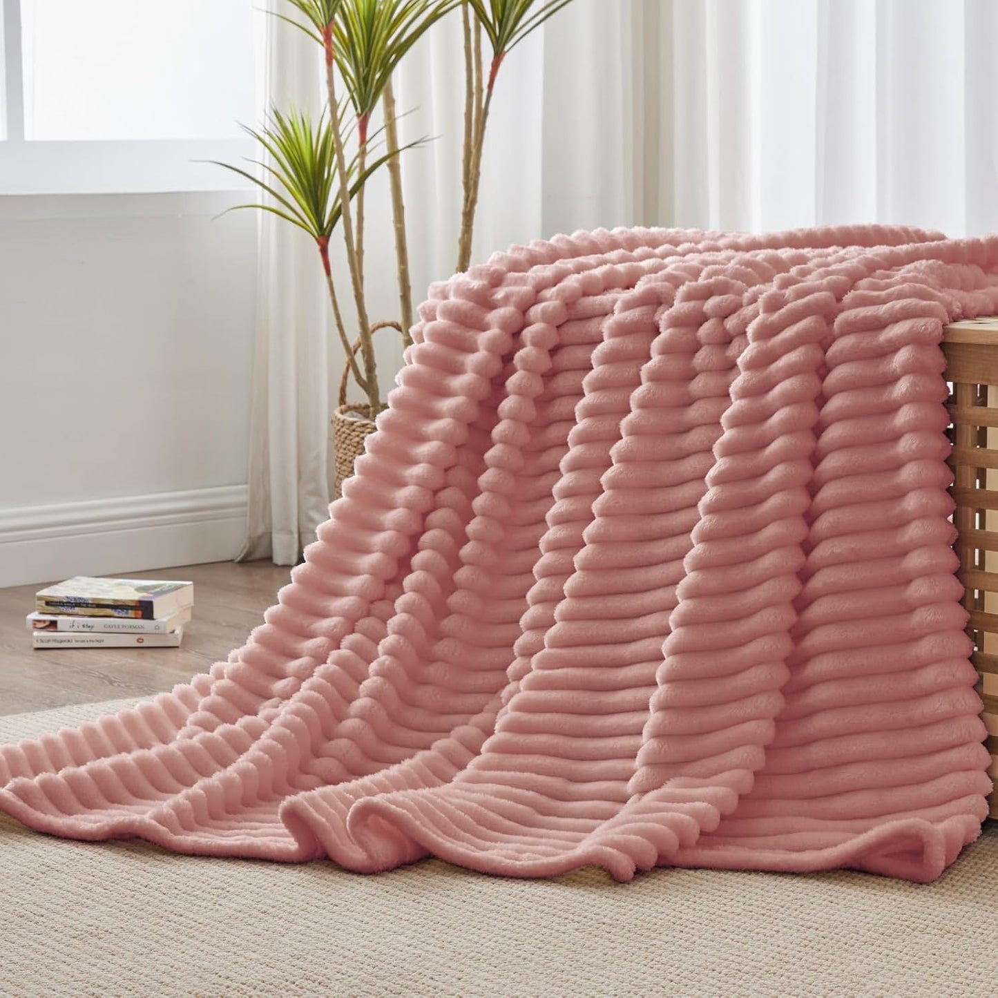 Fleece Throw Blanket for Couch - 300GSM Soft & Warm Fluffy Cream White Blanket, Decorative and Giftable Striped Blankets for Women, Men, 50"X60"