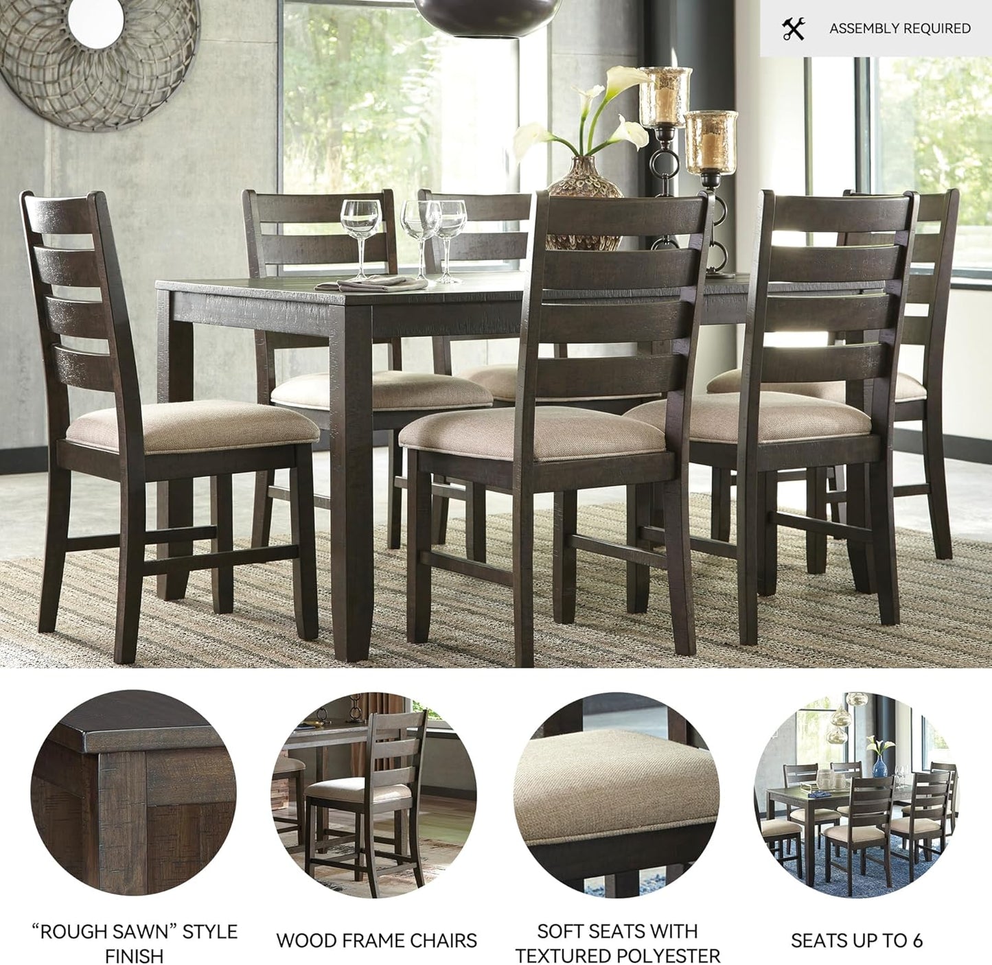 Rokane 20" Dining Room Table Set with 6 Upholstered Chairs, Brown