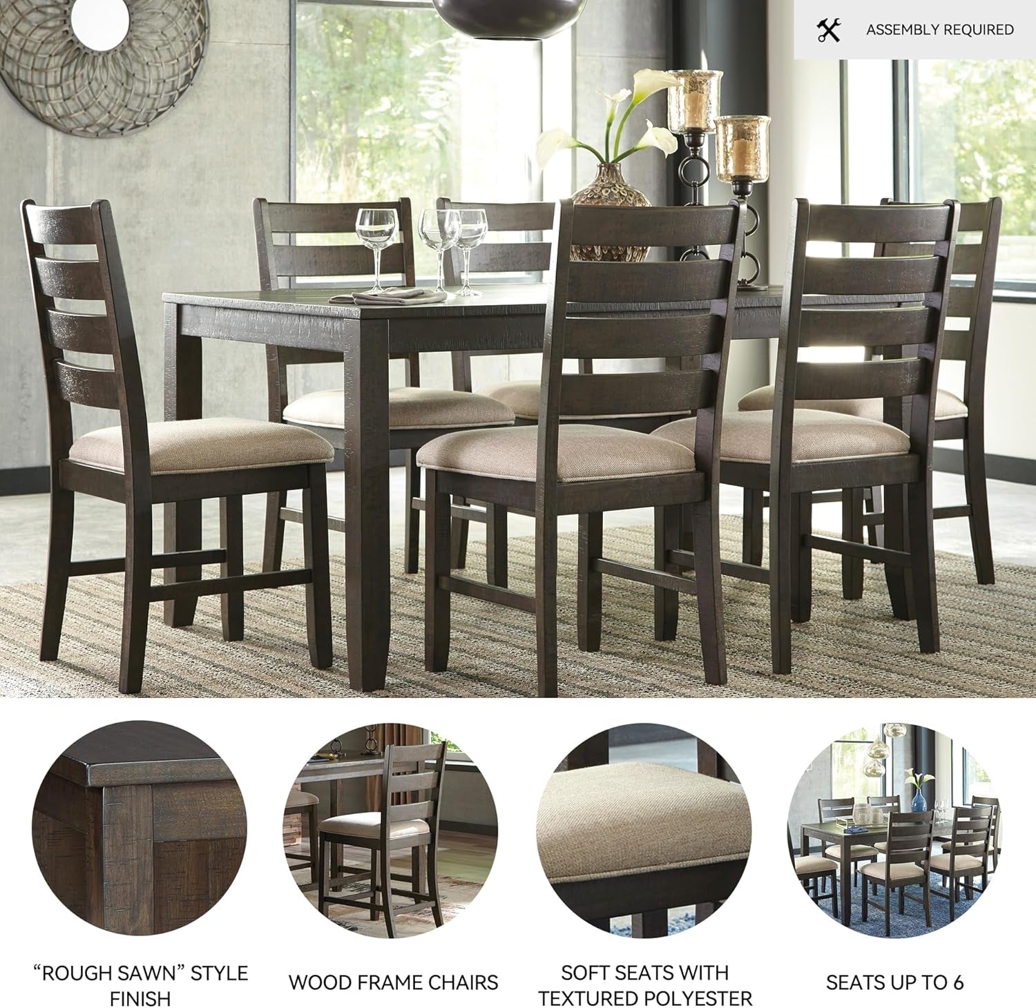 Rokane 20" Dining Room Table Set with 6 Upholstered Chairs, Brown