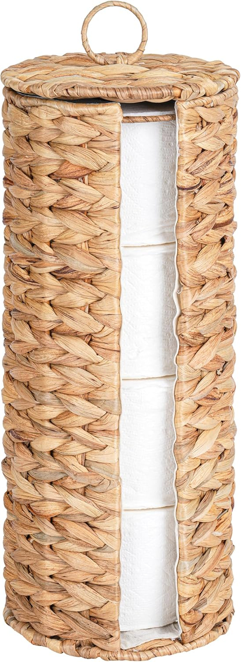 4 Mega Rolls Extra Toilet Paper Storage with Lid and Liner, Water Hyacinth Ratten Toilet Paper Holder Basket Stand, Decorative Boho Covered Enclosed Toilet Tissue Organizer for Bathroom