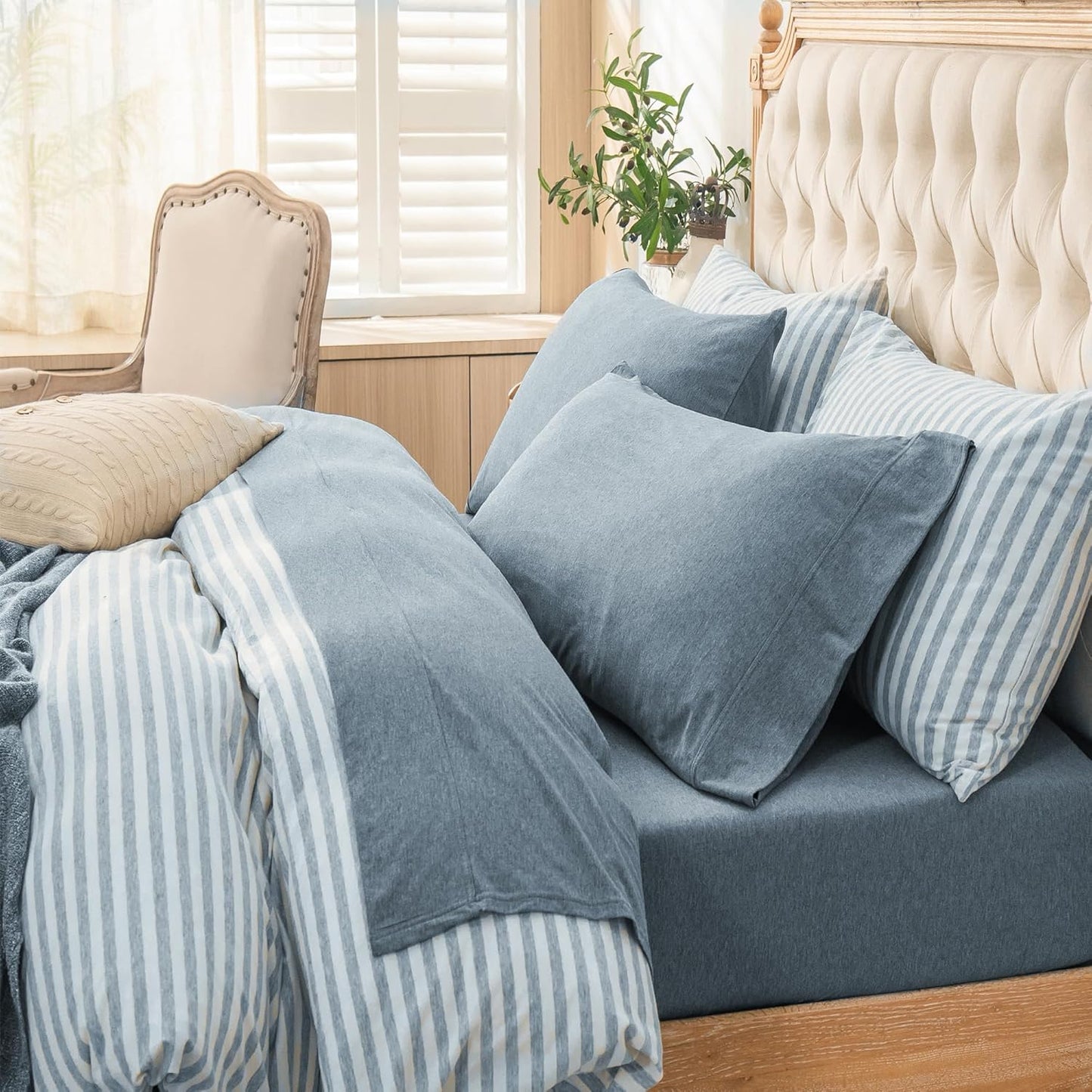 Jersey Knit 4Pc Bed Sheet Set 100% T-Shirt Heather Cotton Super Soft Comfy Breathable Fits Mattress up to 20" Extra Deep Pocket(Olive Green, King)
