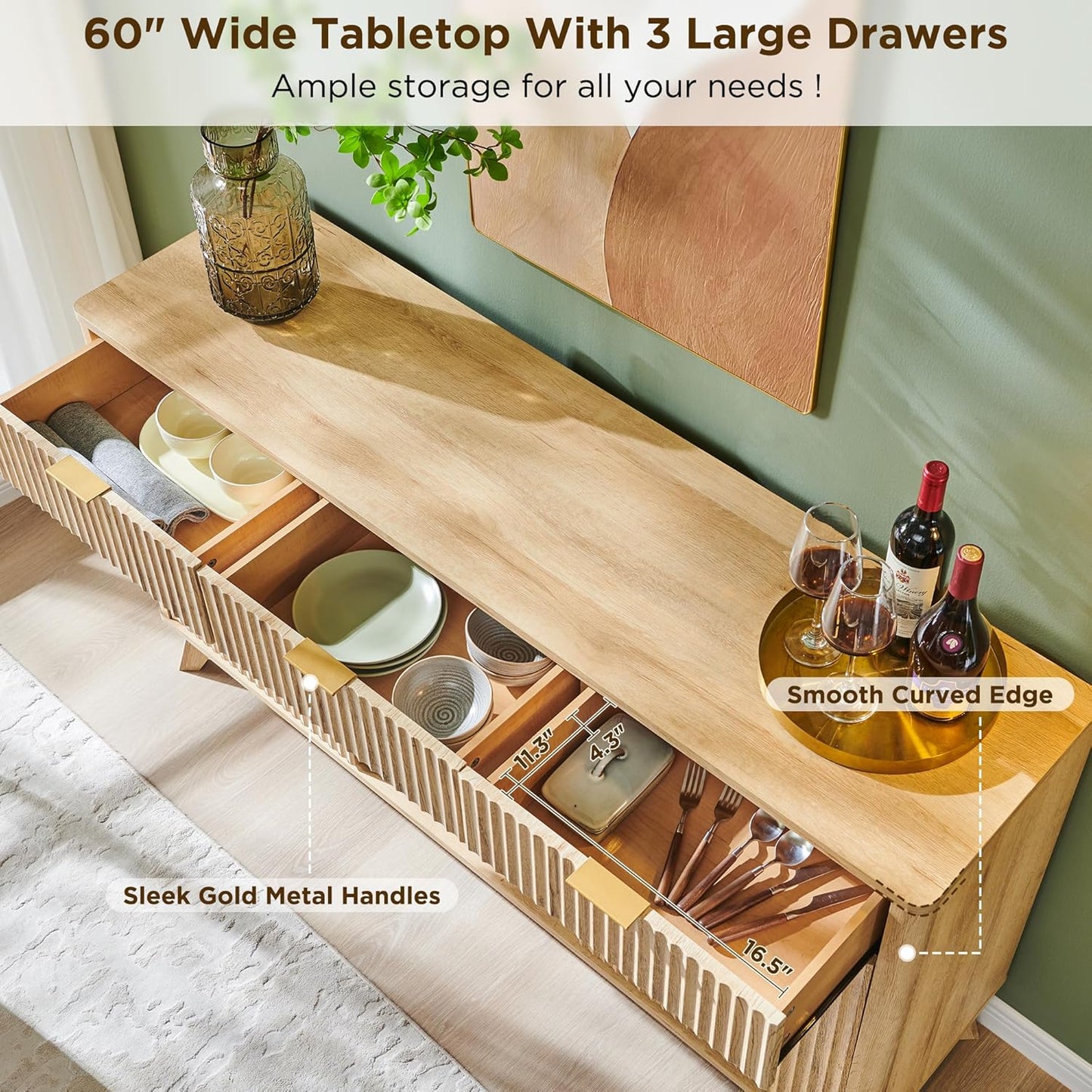 Fluted Wine Bar Cabinet for Liquor, 60" Modern Coffee Bar Cabinet W/Wine & Glass Rack, Large Buffet Sideboard W/ 3 Storage Drawers & Adjustable Shelves for Home, Dining Room, Kitchen, Natural Oak
