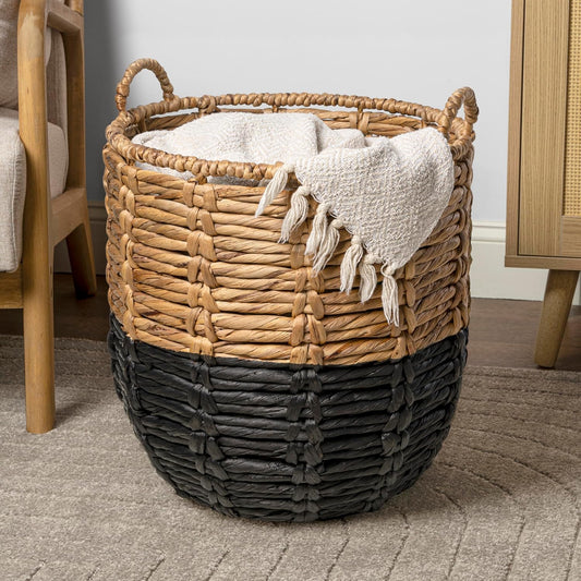 BSK1003D Laurel 19.49" Bohemian Handwoven Abaca Hamper Basket with Handles, Seagrass Container for Decoration in Bedroom, Living Room, Laundry Room, Entryway, Natural, Natural/Black