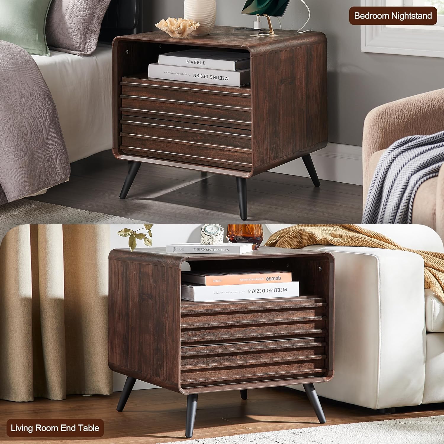24" Nightstand with Charger Station, Mid Century Modern Fluted End Table with 2 Drawers, Wooden Side Table with Open Cubby Storage for Living Room, Bedroom, Office (Dark Walnut)
