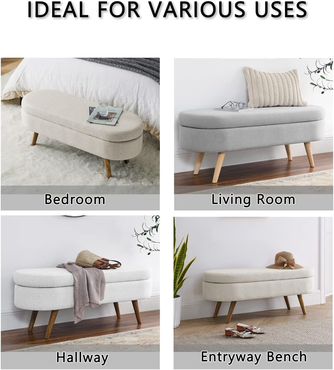 Oval Storage Bench 43.5" Linen Fabric Upholstered Entryway Bench with Solid Wood Legs Ottoman Bench Indoor Bench for Living Room/Bedroom/End of Bed/Entryway (Beige)