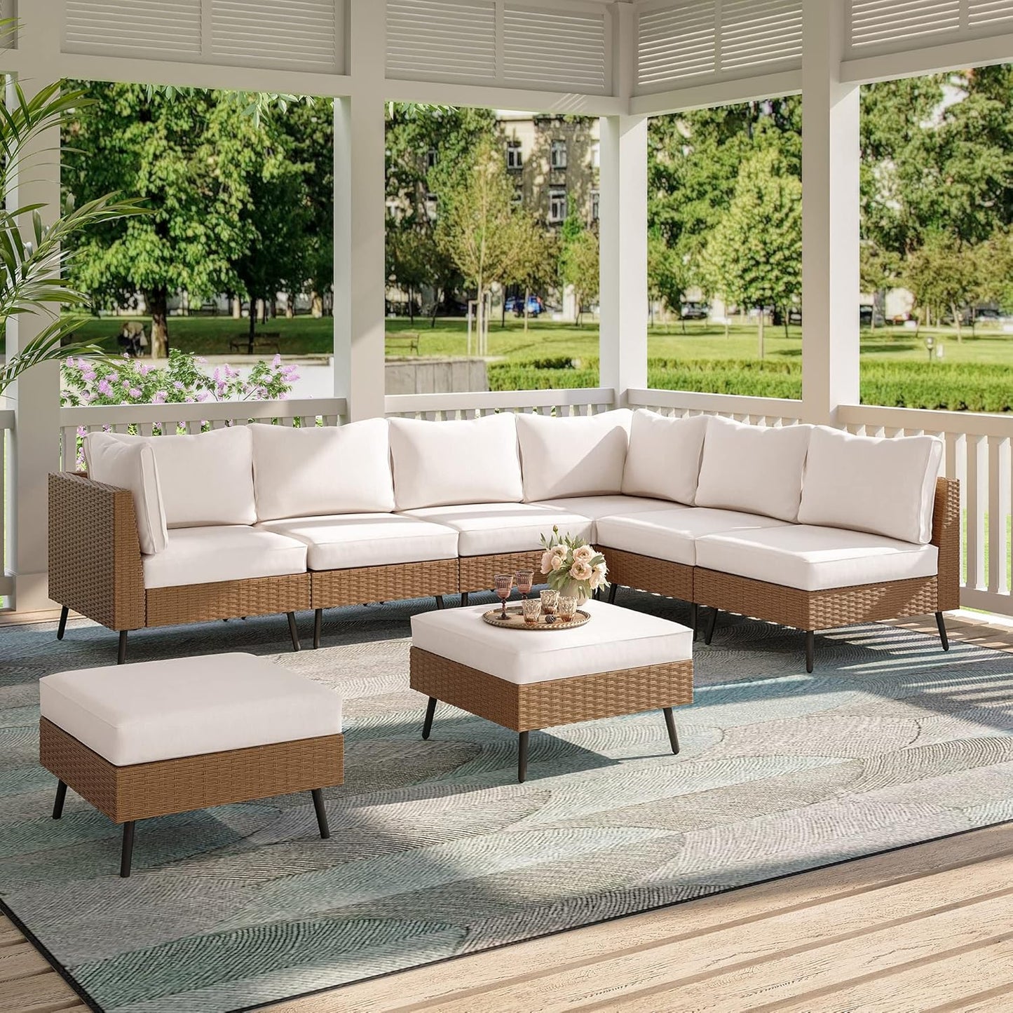 Outdoor Patio Furniture, 8 Piece Outdoor Sectional Sofa PE Rattan Wicker Patio Conversation Sets,All Weather Patio Furniture Set with Thick Cushions for Garden, Poolside, Backyard(Beige)